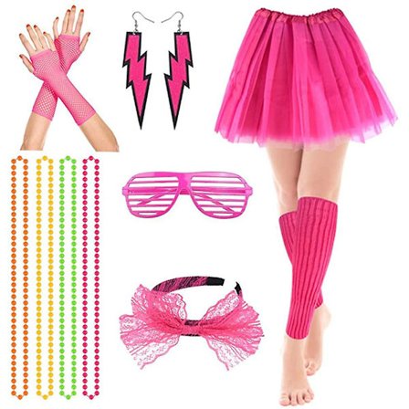 6 stk. Dame 80-talls Rosa Neon Cosplay Kostyme Halloween Maskerade