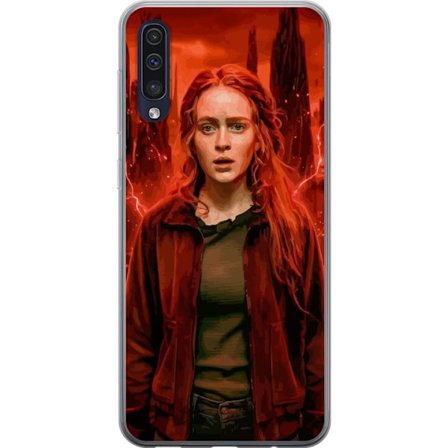 Kompatibelt Mobilskal till Samsung Samsung Galaxy A50 Porträtt av en ung kvinna med rött hår i en apokalyptisk landskap, röda blixtar och mörka k