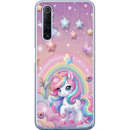 Kompatibel Mobilcover til Realme X50 5G Magisk enhjørning med regnbue manke, stjerner og sommerfugle mod en pastelfarvet himmel med skyer