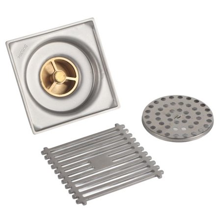 Stort firkantet gulvafløb til brusekabine med hårfilter, elektropletteret, blank finish til badeværelse