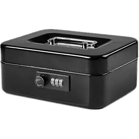 Lille pengekasse med kombinationslås, slidstærk metalpengekasse med møntbakke, sort, 20 x 16 x 8,5 cm