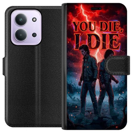 Kompatibel Tegnebogsetui til Xiaomi Redmi 15C Stranger Things-inspireret motiv med to unge mænd, rød lynfyldt himmel, mørk fantasyfølelse, drama, over