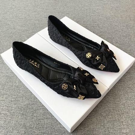 Efterår 2023 Ny Bue Komfortabel All-Match Spidse Flade Enkelt-Lag Sko Kvinde Outwear Casual Soft-Soled Dame Sko Black 36