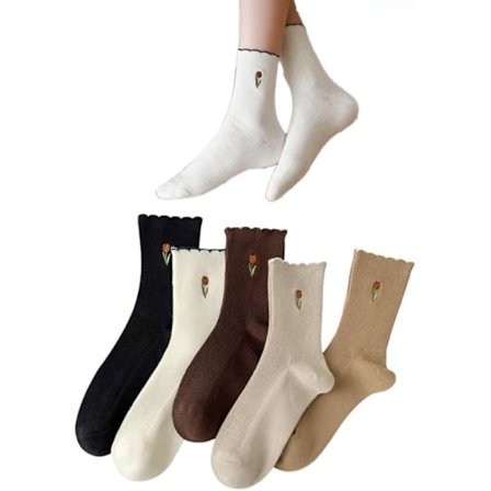 5 par damstrumpor med volang och tulpanbroderi, knästrumpor med blommönster, stickade strumpor i bomull, varma och andningsbara strumpor med vågig 