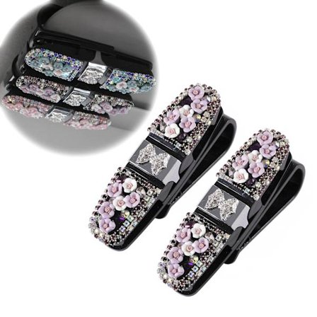 360° Roterande Blommig Bilvisirklämma - Kristall Solglasögon & Korthållare | Dubbelpack Fjädergreppsorganisatör för Alla Fordon (Ljus Pur)