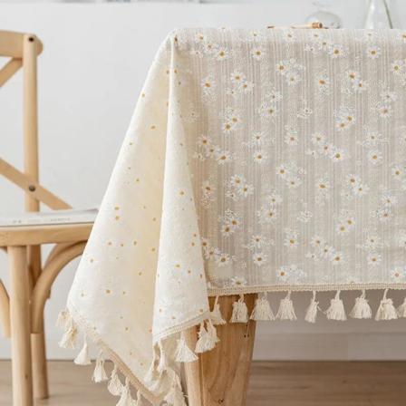 Koreansk stil liten tusenfryd bomull blomsterduk, dekorasjon av tebord, rektangulært bordtrekk for kjøkken, bryllup, spisestue Golden Daisy Tassels 