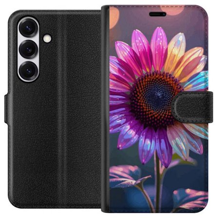 Kompatibelt Lommeboketui til Samsung Galaxy S25 Irideserende blomst med glitrende kronblad i rosa lilla og gull mot myk bokeh bakgrunn