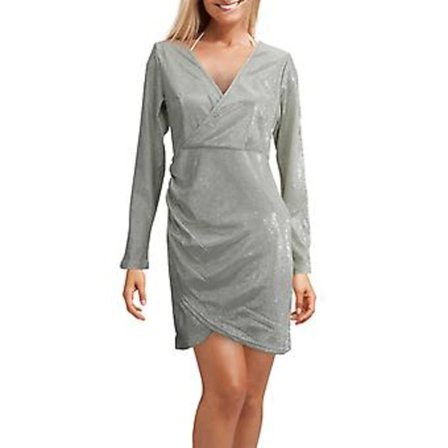 Syksyn ja talven pitkähihainen juhlamekko naisille, seksikäs hopeanhohtoinen paljettimekko, syvä V-kaula, paljettikoristeinen mini-tiukka mekko (