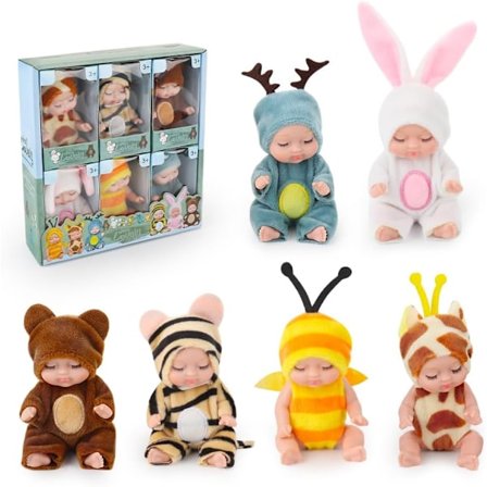 6 stk. Mikro Reborn Dukke Leker, Mini Sovende Reborn Dukker med Dyreklær, 4 Tommers Mini Reborn Søte Baby Dukker for Jenter, Småbarn og Barn