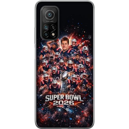 Yhteensopiva Puhelinkuori Xiaomi Mi 10T 5G Super Bowl 2026 juliste, jossa New England Patriots ja NFL-mestaruuspalkinto räjähtävän urheilullisessa suu
