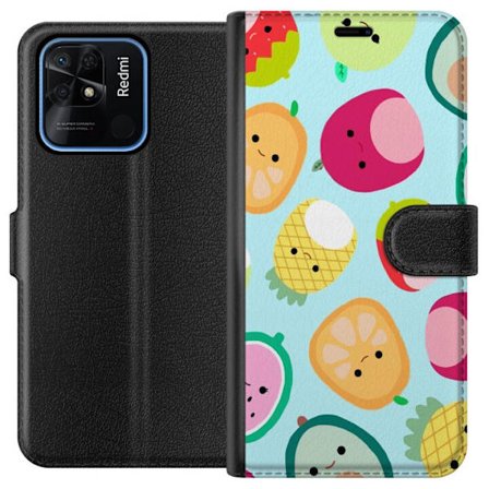Yhteensopiva Lompakkokotelo Xiaomi Redmi 10C Kawaii-hedelmien kuvioita, kuten mansikkaa, sitruunaa, ananasta ja avokadoa vaaleansinisellä taustalla