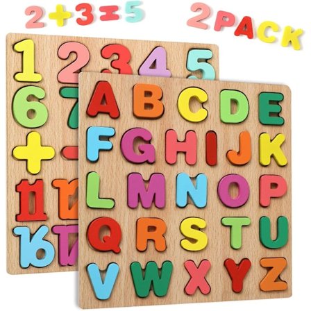 Wooden Puzzles for Kids - 20-Piece Numbers & 26-Piece ABC Alphabet