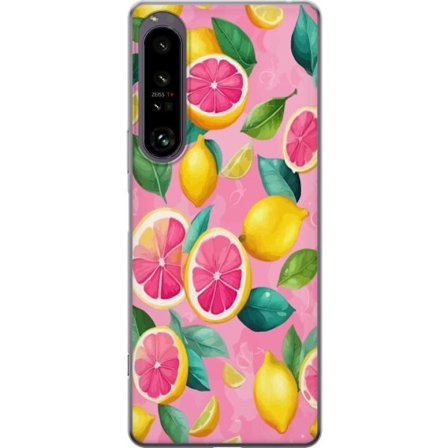 Kompatibel Mobilcover til Sony Xperia 1 IV Frisk lyserød citrusmønster med citroner, grapefrugter og grønne blade på pastelbaggrund, sommerligt fr