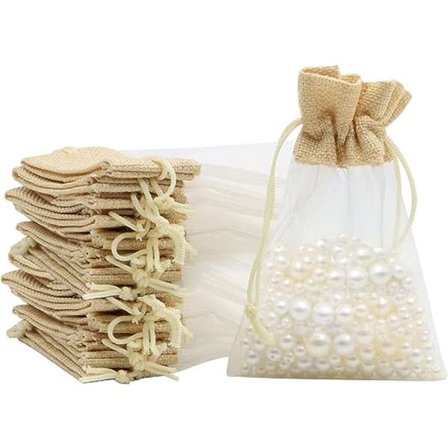 Jute Organza Sachets, 24 stk. 10×15cm Organza Gaveposer med Genanvendelig Snøretræk til Bryllup, Smykker, Slik, Festivaler