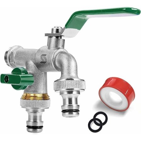 Havevandhane, 1/2 tommer dobbelt udtag hane, lavet af messing, rust- og frostbestandig, med 2 gratis slangeforbindelser, 1x rulleforseglingstape, 