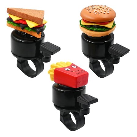 Rolig cykelklocka, tecknad hamburgare smörgås pommes frites landsvägscykel, mountainbike sparkcykel tillbehör hög cykelklocka