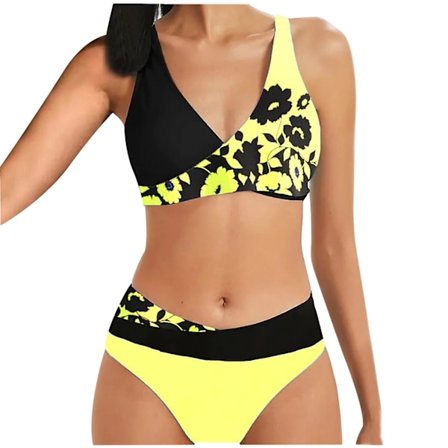 Baddräkt Dam Baddräkt Dam Tryck Set Baddräkt Tvådelad BH Badkläder Strandkläder Dam Bikini Baddräkter Gul