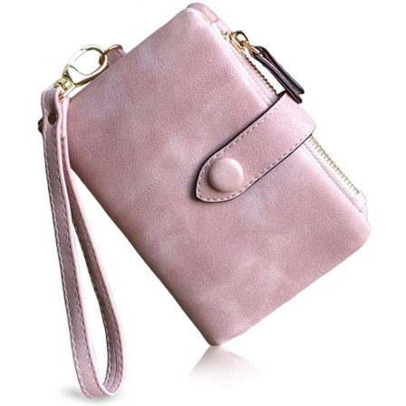 Kvinners Liten Bifold Lær Lommebøker Rfid Dame Håndledd med Kortspor Id-vindu Glidelås Myntpung---Rosa