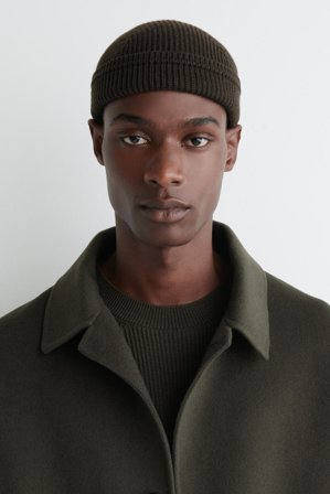COS Men's Ribbed Wool Cotton Fisherman Beanie in Green