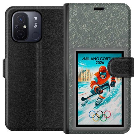Yhteensopiva Lompakkokotelo Xiaomi Redmi 12C Curlingkuvitus pelaajilla ja kivillä jäällä, Milano Cortina 2026, lumisia roiskeita ja olympiasormukset