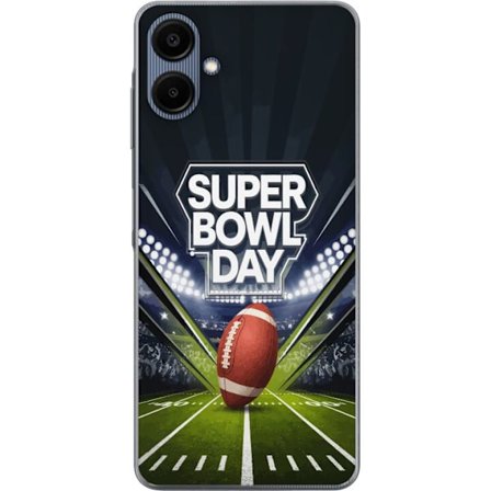 Yhteensopiva Puhelinkuori Samsung Galaxy A06 Super Bowl Day juliste, jossa amerikkalainen jalkapallo valaistuksella varustetulla areenalla dramaattise