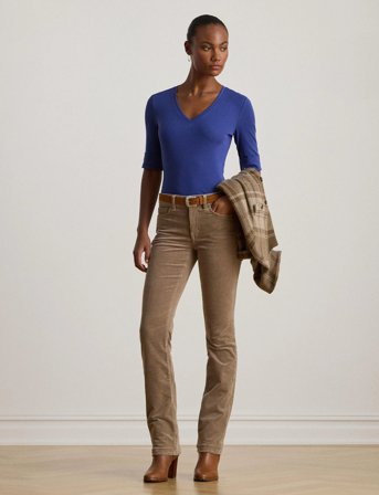 Lauren Ralph Lauren Stretch Cotton Elbow-Sleeve V-Neck Tee - Navy - XL