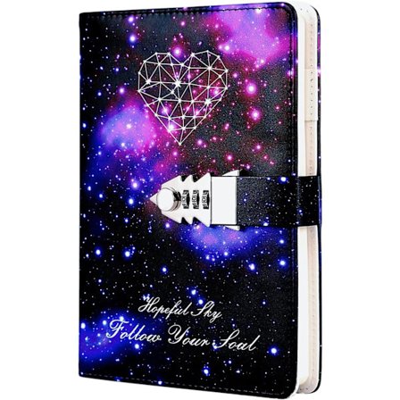 Flickors dagbok, storlek 215x150mm, stjärnhimmel anteckningsbok med kombinationslås, PU-läder hemlig anteckningsblock J
