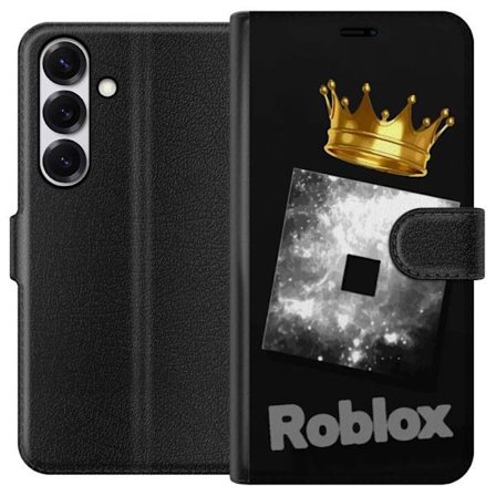 Kompatibel Tegnebogsetui til Samsung Samsung Galaxy S25 Minimalistisk sort og sølvfarvet Roblox-symbol med gylden krone og luksuriøs gamer-æstetik
