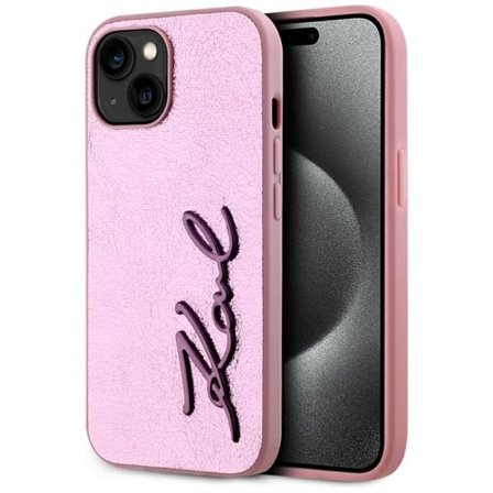 Karl Lagerfeld iPhone 15-fodral i skrynklig metall - rosa