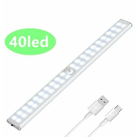 Klädskåpsbelysning, LED-rörelsesensorlampa med 40 lysdioder, USB-laddningsbar garderobslampa för garderober, skåp, trappor, korridorer