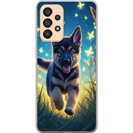 Kompatibelt Mobilskal till Samsung Samsung Galaxy A33 5G Tysk schäfer valp affisch valp hund hoppar äng fjärilar söt hund illustration blå nattko