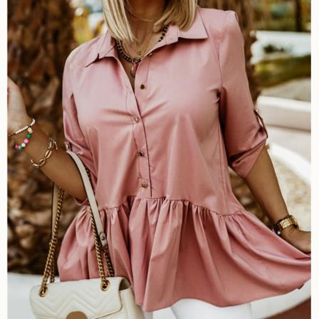 Elegant Kvinnor Lapel Ruffle Hem Blusar Toppar Casual Half Sleeve