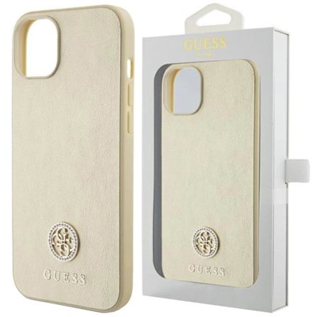 Guess Leather 4G Metal Logo Strass-deksel til iPhone 15 - Gull