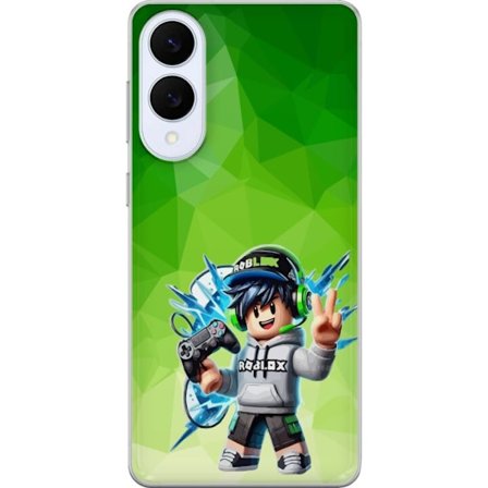 Kompatibelt Mobildeksel til Samsung Galaxy S25 Edge Roblox-inspirert gamerfigur med headset, håndkontroll og energiske effekter mot grønn bakgrunn