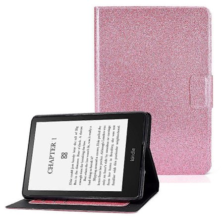 Glitterpulver PU Läder Stötsäkert Fodral med Kortplats för Amazon Kindl (Rosa, Rosa)