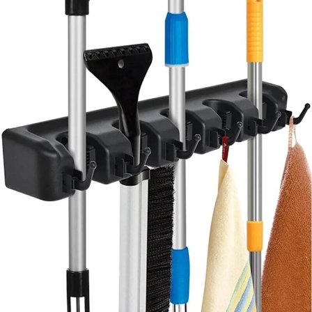 Seinälle kiinnitettävä luuta- ja moppiteline, 6 koukkua, luuta- ja moppiteline, seinälle kiinnitettävä teline, koti, autotalli, keittiö, kylpyhuone, 