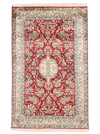 Hand Knotted Kashmir Pure Silk Rug 95X150 Silk Beige/Dark Red Small