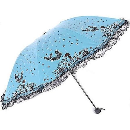 Solparaply UV Parasol Lille Letvægts Sommerfugl Blonde Sammenfoldelige Paraplyer 210T Parasoller Vandtæt Sommerfugl lyseblå