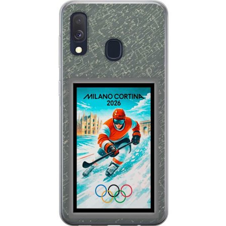Yhteensopiva Puhelinkuori Samsung Galaxy A40 Curlingkuvitus pelaajilla ja kivillä jäällä, Milano Cortina 2026, lumisia roiskeita ja olympiasormukset