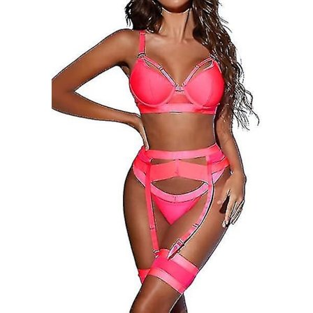Seksikäs alusvaatesetti naisille 4-osainen rintaliivit ja alushousut setti säärihihnoilla.XL.pink