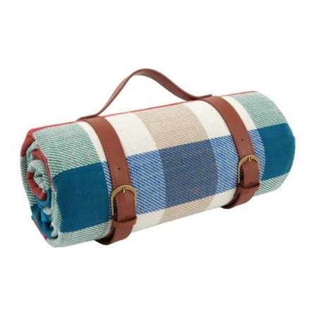 Strandmatte – for utendørs camping – resistent og fuktsikker – med oppbevaringsstropper i lær, 90 x 200 cm, blå og rød