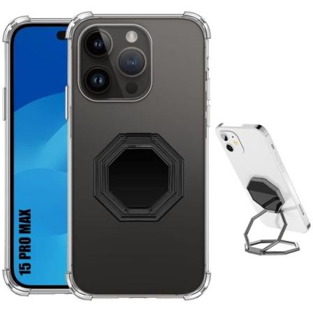 Cover til iPhone 15 Pro Max Gennemsigtig silikone med justerbar ringholder Sort