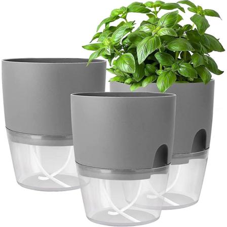 HHL Urtekrukke Sett Vinduskarm Selvvanning sett med 3 urtehage for kjøkkenet, 18,2x 11x 15,3 Cm, for friske kjøkkenurter, grå