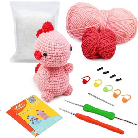 Hæklesæt til begyndere voksne, hæklet dyresæt, komplet strikkesæt med garn, hæklenåle, trin-for-trin-video, lyserød dinosaur