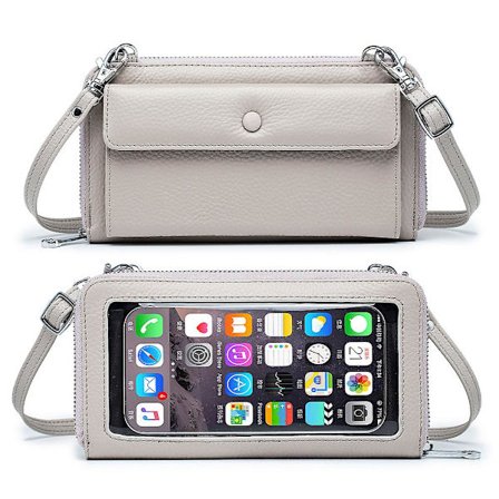 Äkta läder transparent touch screen mobil plånbok crossbody väska mini tote väska för kvinnor, grå