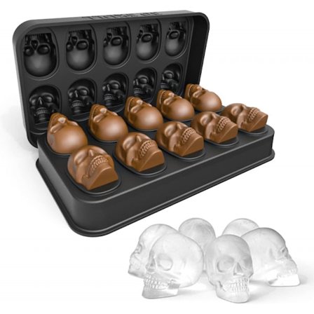 3D hodeskalle isbitbrett med lokk, BPA-fri silikon isbitformer lager 10