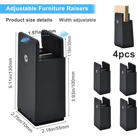 Møbelben Sett med 4 Justerbare Møbelhøyner - Svart - Høyde 100mm - Passer 10-37mm