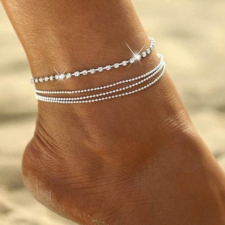 Ankelkæde Boho Lagdelt Krystal Ankelkæde Sølv Rhinestone Ankelkæde Kæde Perler Fod Smykker til Kvinder og Piger