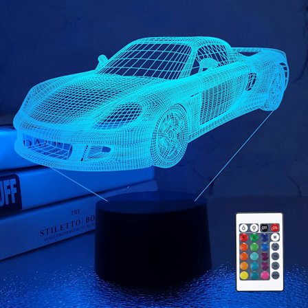 3D Bil Lampe Natlampe 3D Illusion Lampe til Børn, 16 Farver Skiftende med Fjernbetjening, Dæmpbar Børneværelses Dekoration som Julegave Ferie 