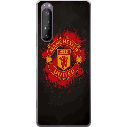 Kompatibelt Mobildeksel til Sony Sony Xperia 1 II Manchester United logo i rød og gul farge med røff sportslig bakgrunn